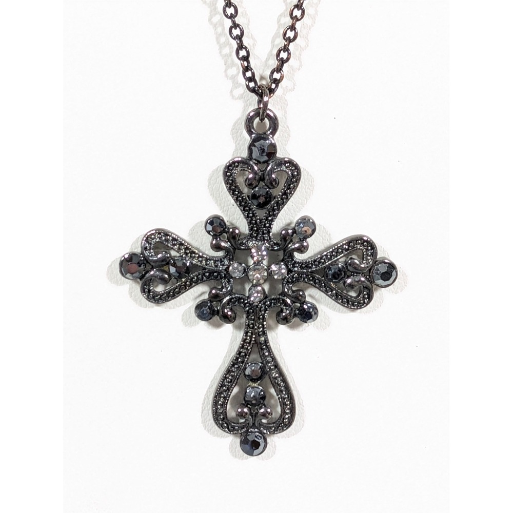 NYC Rhinestone Cross Necklace Gray Black Ornate Gothic Statement 32"
